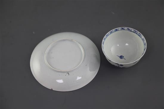 A Vauxhall blue and white tea bowl and saucer, c. 1755-57, saucer 11.9cm